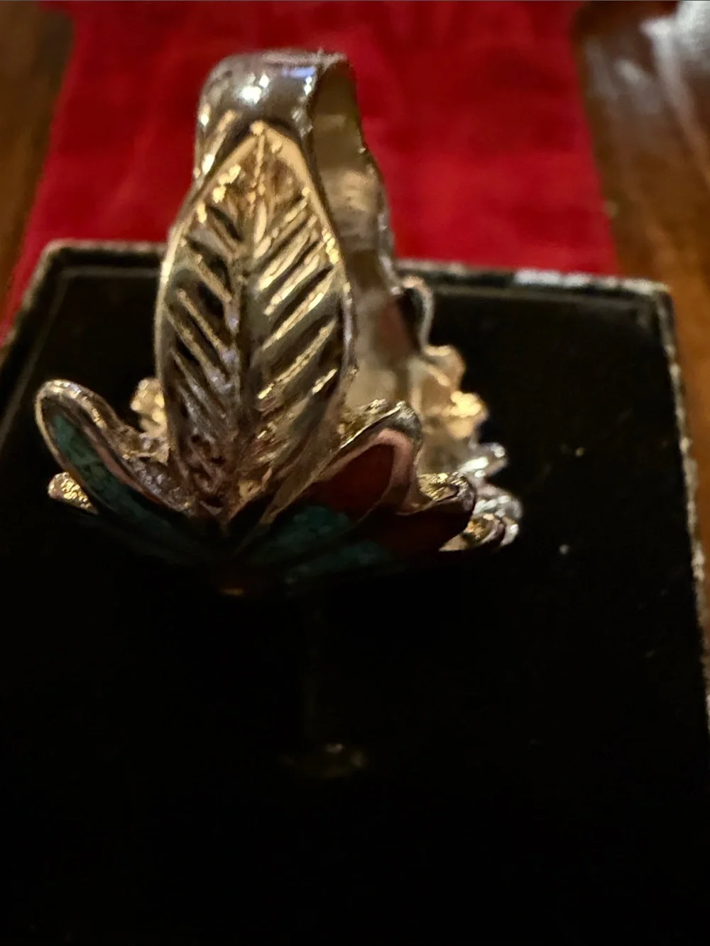 Silver-Tone Native Chief Ring with Turquoise and Red Coral Inlay Size 8